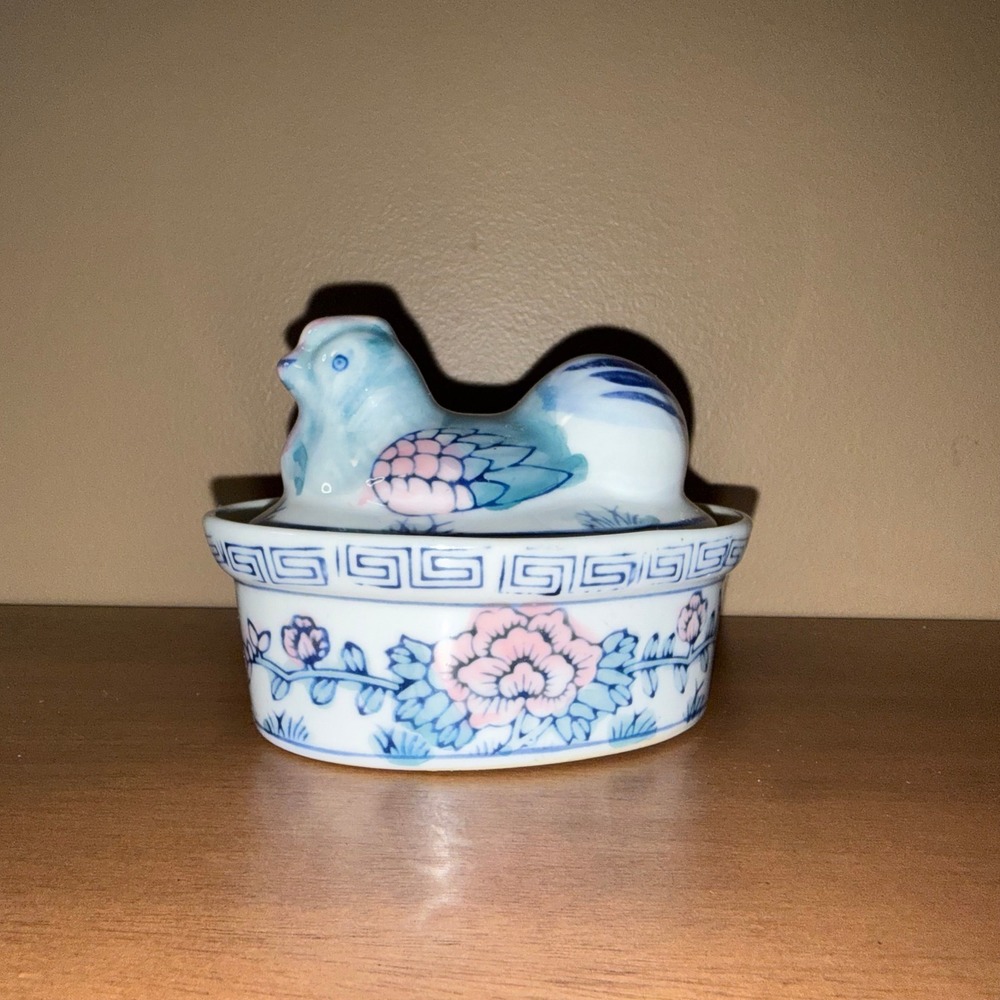Vintage Porcelain Hen on Nest Trinket Box Blue Pink Floral Ceramic Chicken Dish